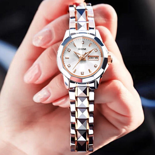 Stainless Steel Mini Luminous Quartz Watch with Date and Week for Women