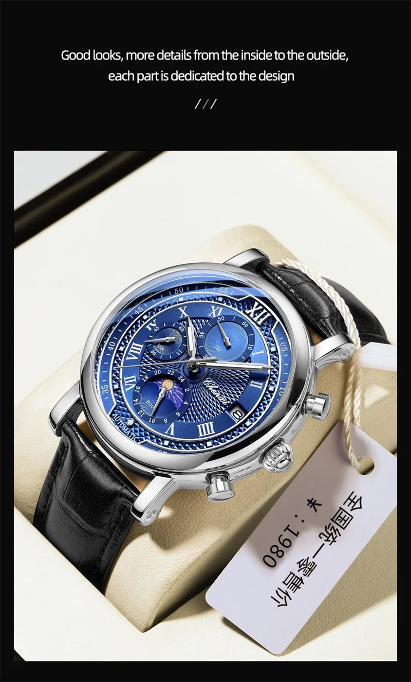 Stainless Steel Leather Chronograph Date Phase of the Moon Watch for Men