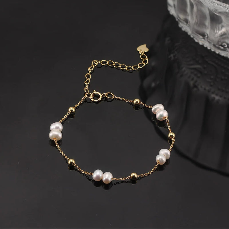 925 Sterling Silver Pearl Chain Bracelet with 14K Gold Pearl Beads for Women