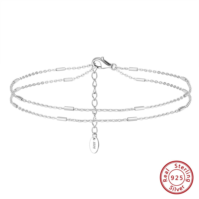 925 Sterling Silver Layered Cable Chain Anklet with Horizontal Bar for Women