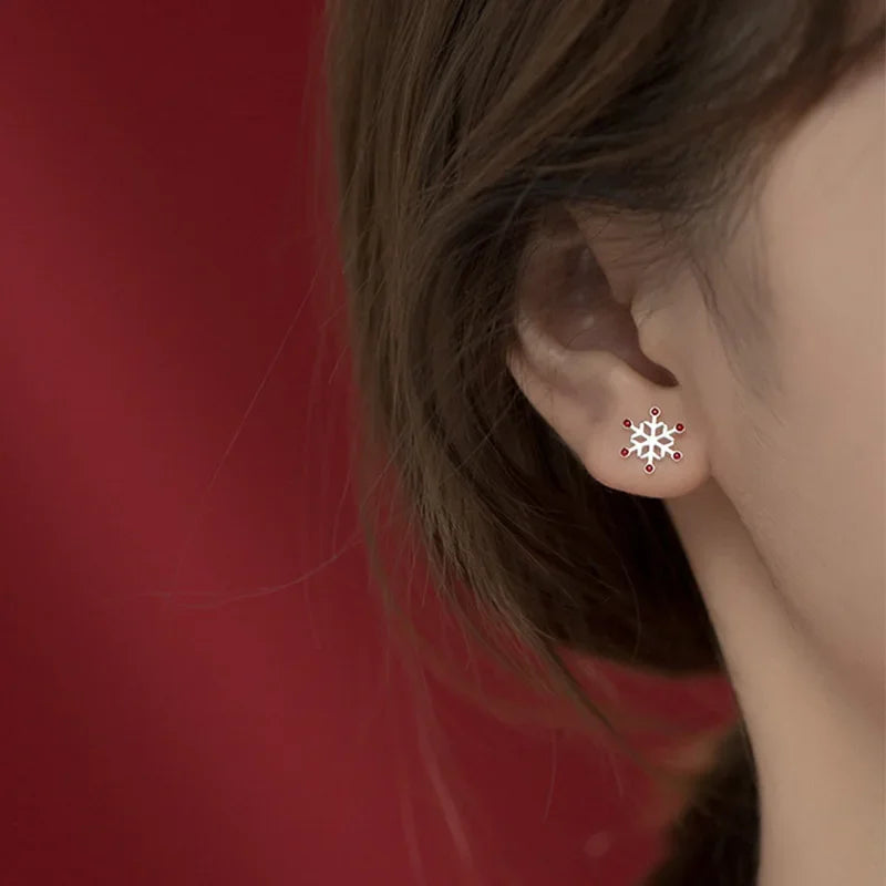 Sterling Silver Asymmetric Snowflake Stud Earrings for Women