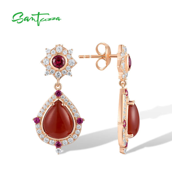 925 Sterling Silver Drop Earrings with Dyed Red Agate Created Ruby