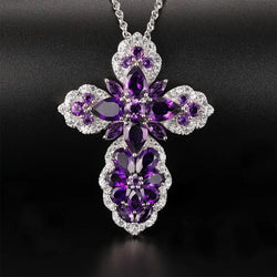 925 Sterling Silver Amethyst Gem Cross Pendant on Sweater Chain for Women