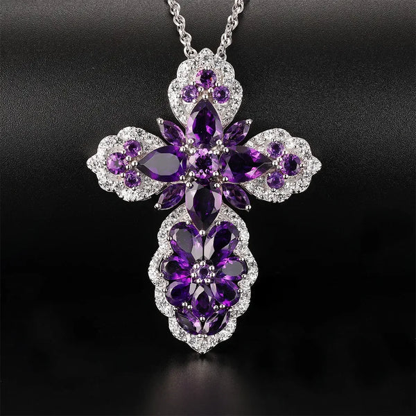 925 Sterling Silver Amethyst Gem Cross Pendant on Sweater Chain for Women