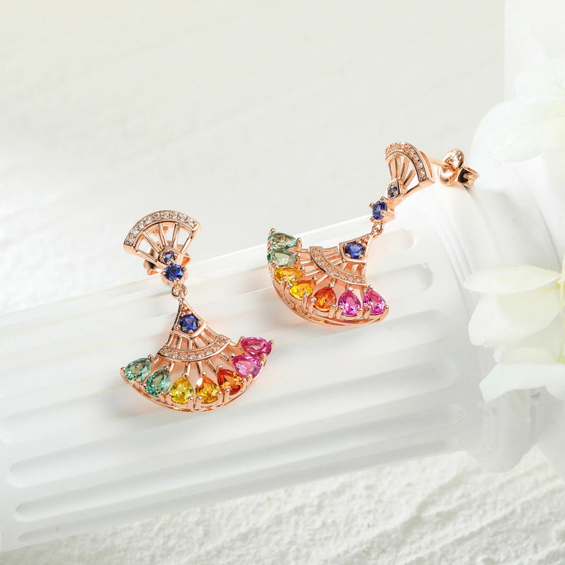 Sterling Silver Fan Shaped Colorful Dro Earrings for Women