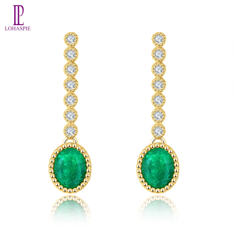 18K Yellow Gold Emerald and Diamond Earrings for Women