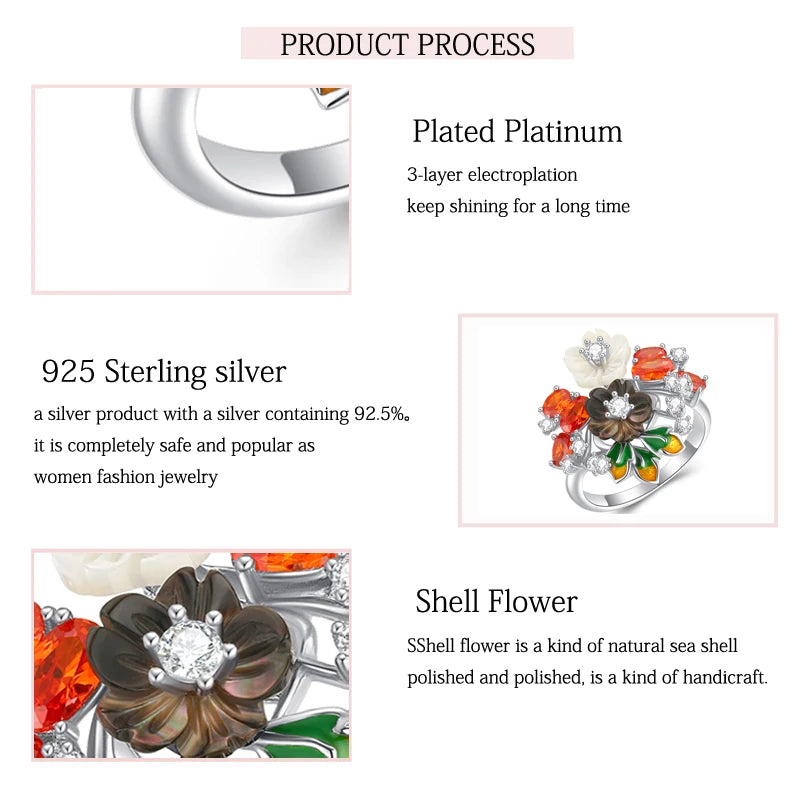 925 Sterling Silver White Black Flower Zircon Enamel Ring for Women