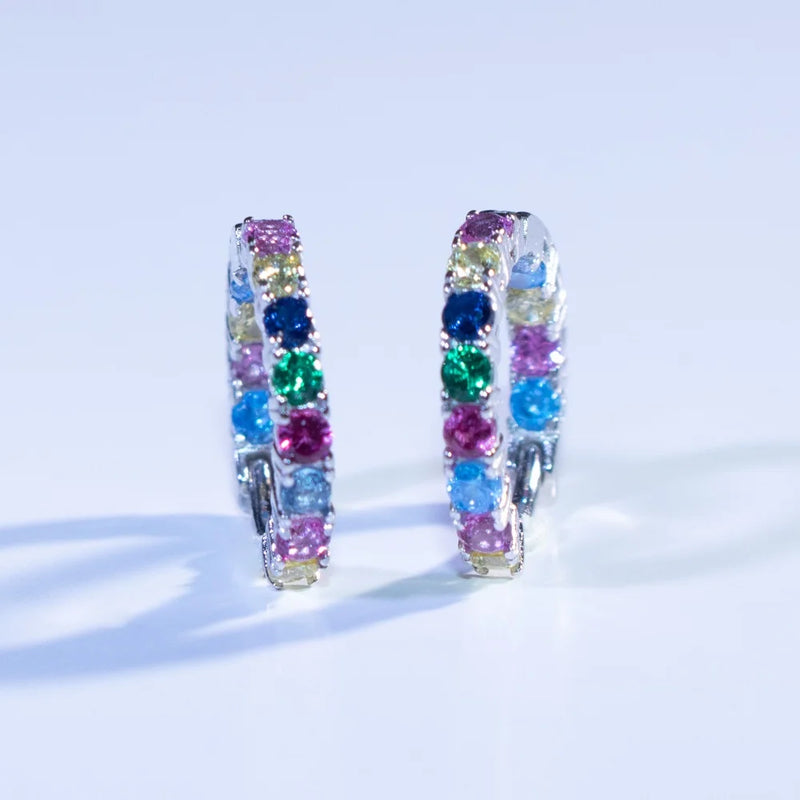 925 Sterling Silver Round Rainbow Cubic Zirconia Hoop Earrings for Women