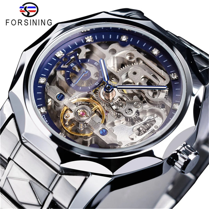 Stainless Steel Skeleton Transparent Automatic Mechanical Watch for Men