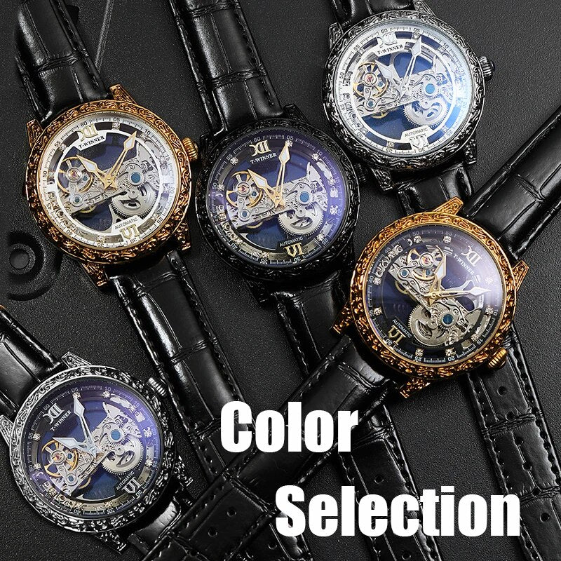 Stainless Steel Leather Strap Mechanical Skeleton Tourbillon Hollow Out Watch for Men