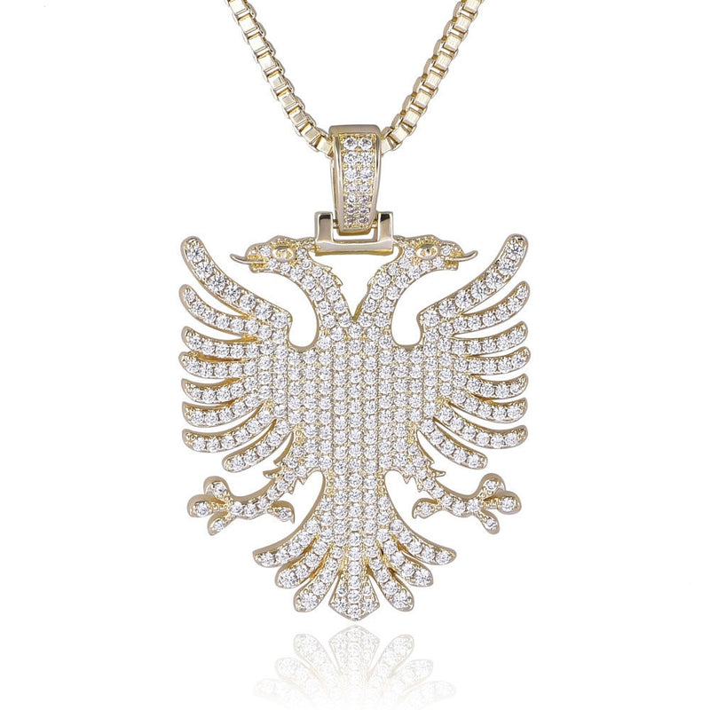 Gold Plated Cubic Zirconia Albanian Eagle Pendant Necklaces for Men