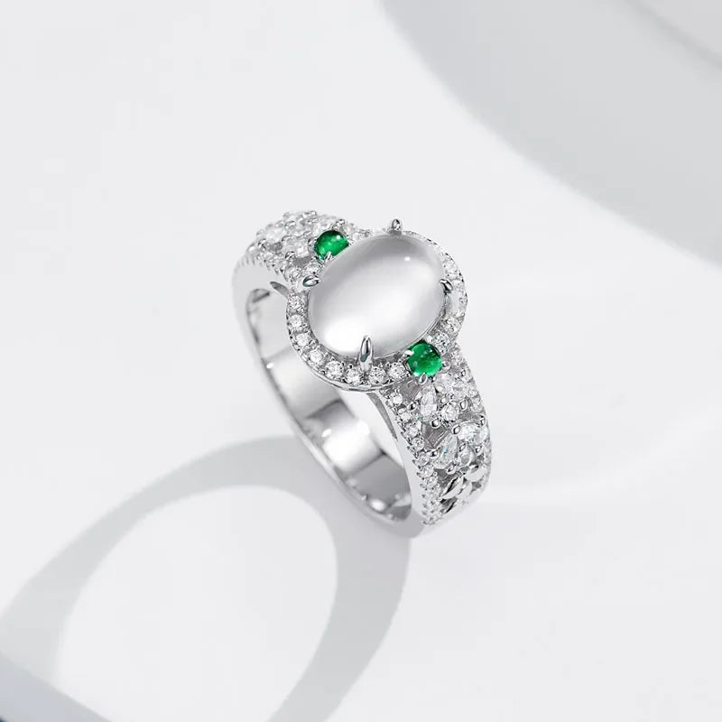 925 Sterling Silver Sapphire Jade High Carbon Diamonds Ring