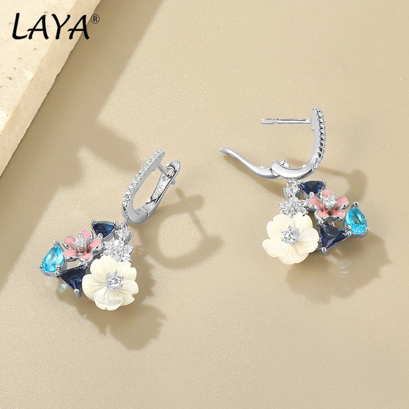 White Shell Flower Zircon Enamel Earrings for Women