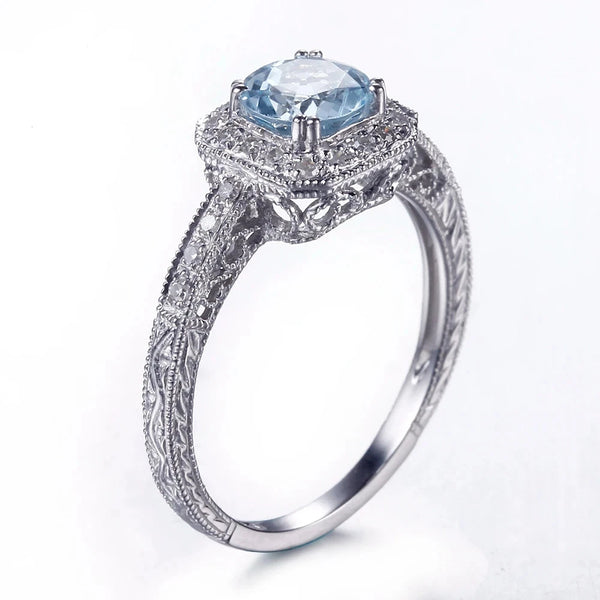 14k White Gold Blue Topaz Diamond Engagement Ring for Women