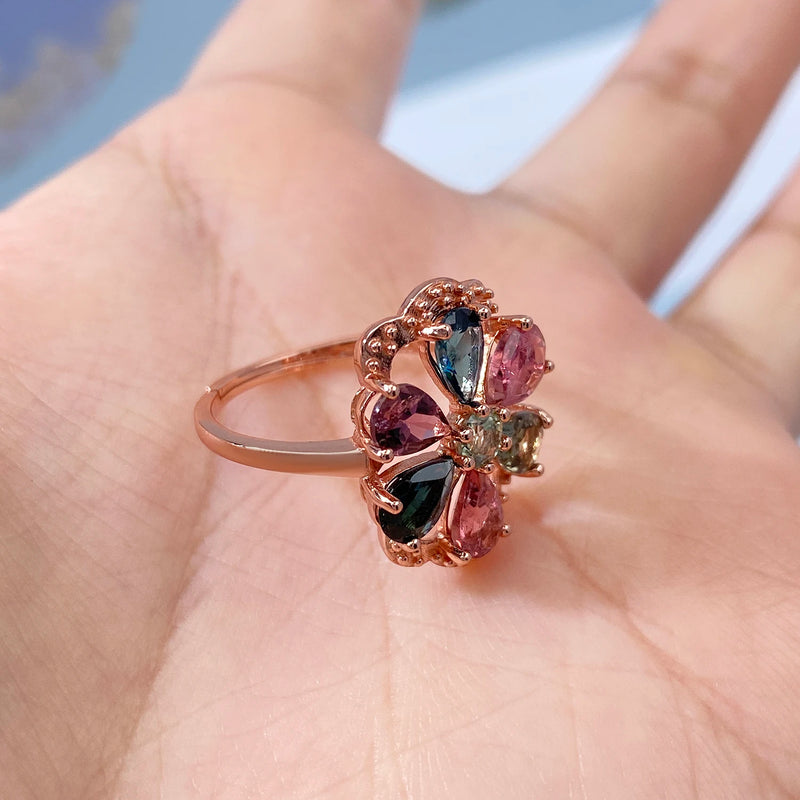 Sterling Silver Tourmaline Geometric Flower Adjustable Rings for Women