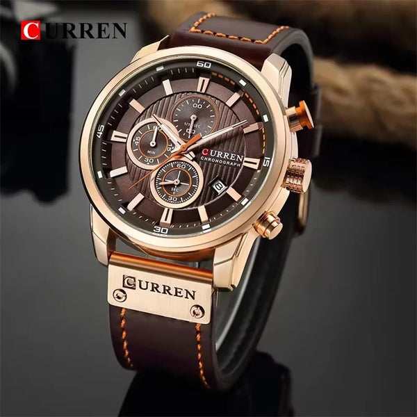 Stainless Steel Brown Leather Chronograph Watch for Men