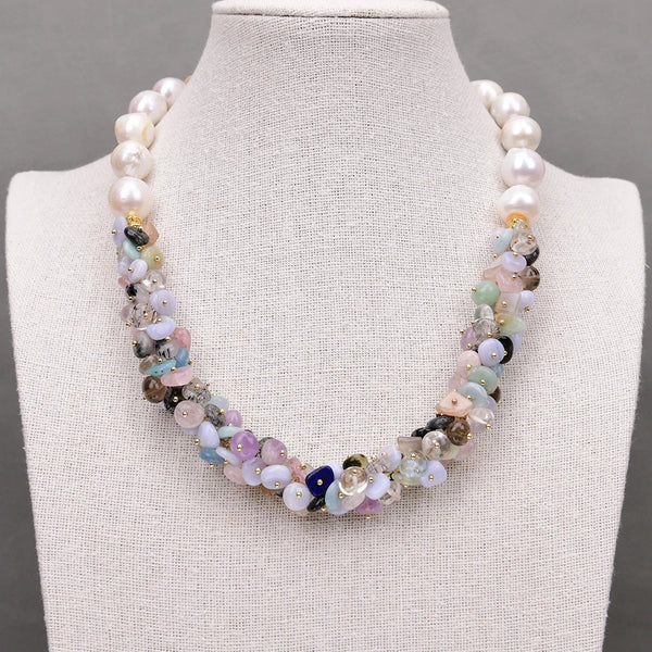 Silver Natural Mix Gems Stone Cultured Big White Keshi Pearl Choker Necklace for Women