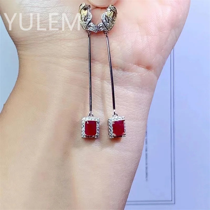 Silver (925) Pigeon Blood Ruby Drop Earrings (4x5mm) for Women