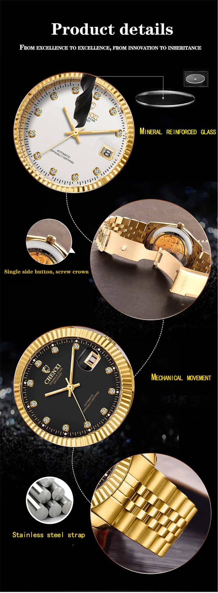 Gold Steel Band Mechanical Watch for Men