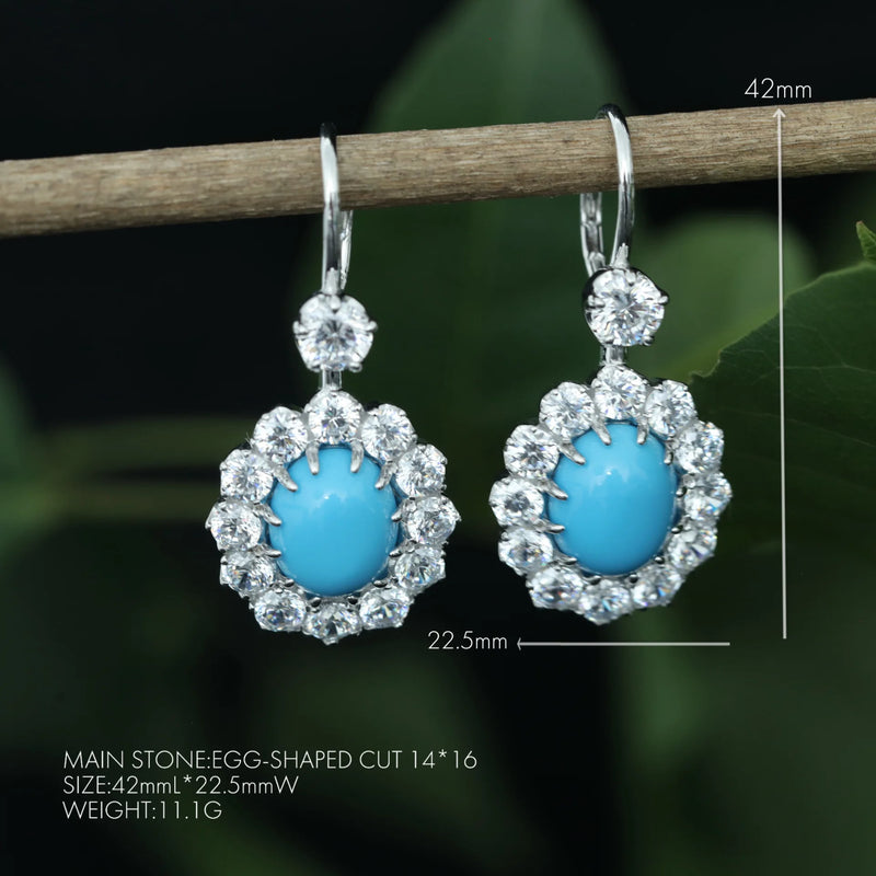 925 Sterling Silver Oval Turquoise Lab Sapphire Gemstones Drop Earrings