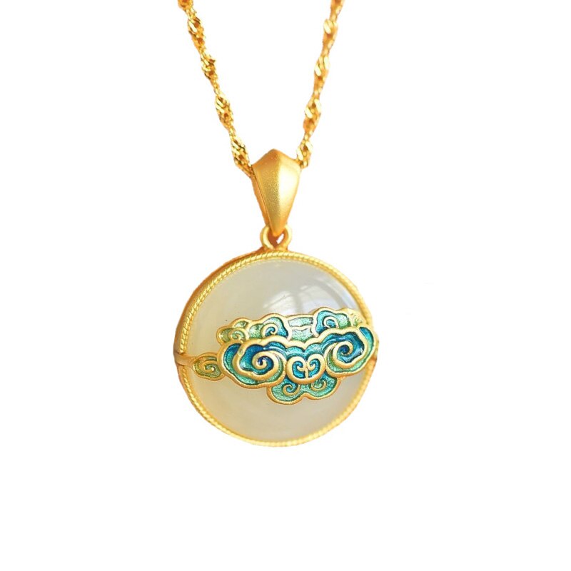 White Jade White Jade Round Necklace Pendant with Enamel Auspicious Cloud for Women