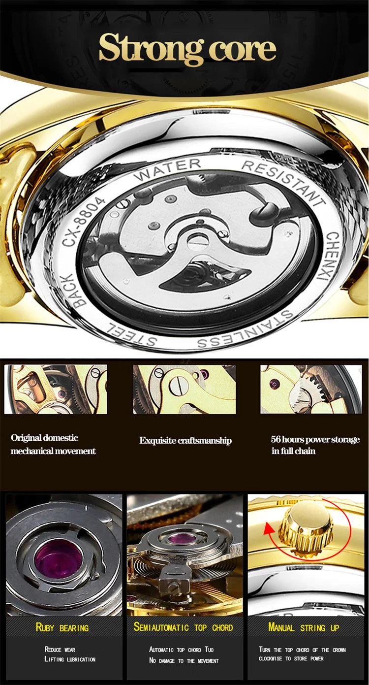 Gold Steel Band Mechanical Watch for Men