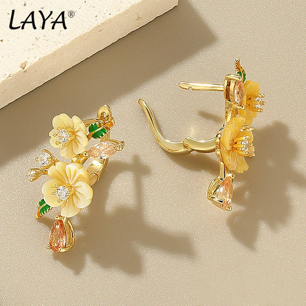 Sterling Silver Yellow Shell Flower Earrings with Zircon