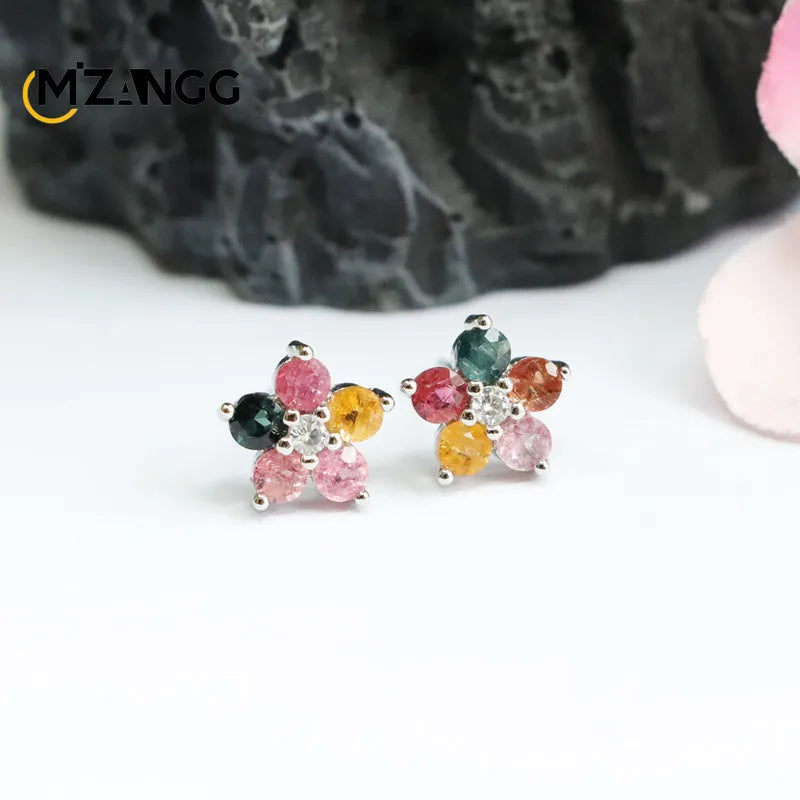 Sterling Silver Tourmaline and Jade Floral Earrings for Women