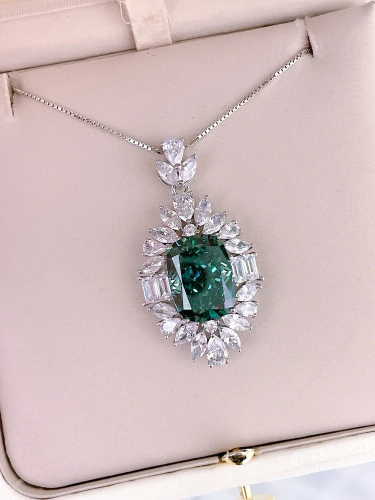 925 Sterling Silver Dark Green Inlaid Diamond Pendant for Her