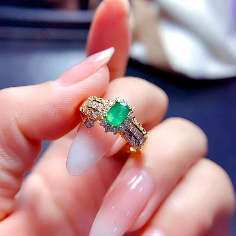 925 Sterling Silver Natural Emerald Ring for Women