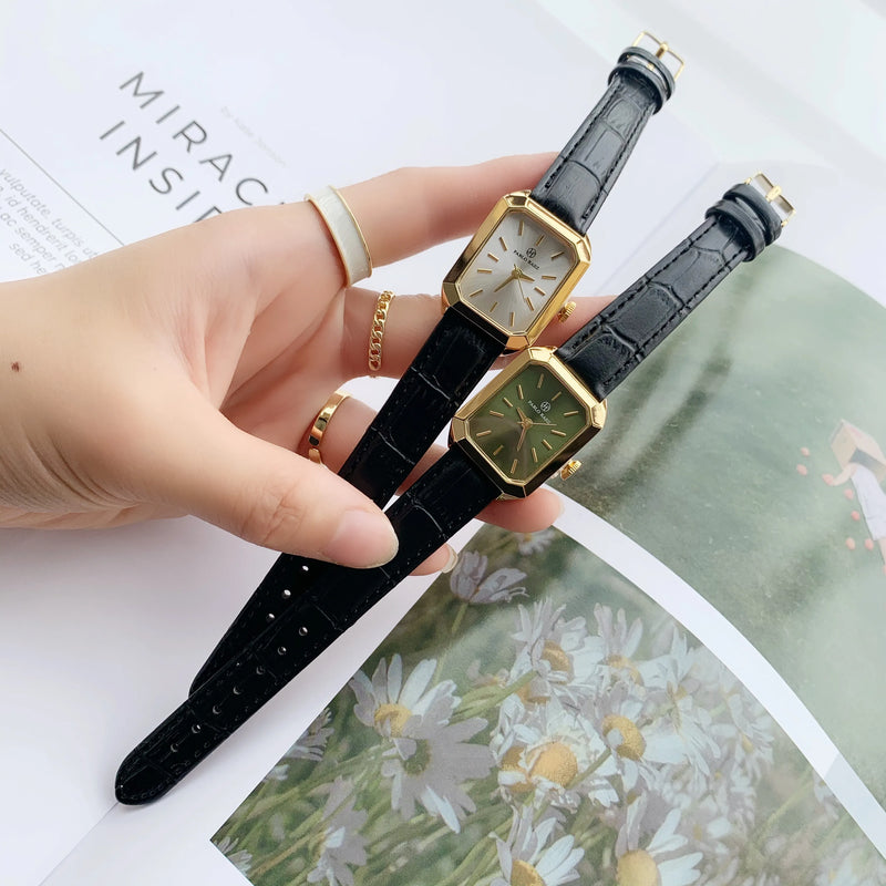 Luxury Women's Square Watch with Black Leather Strap and Small Dial