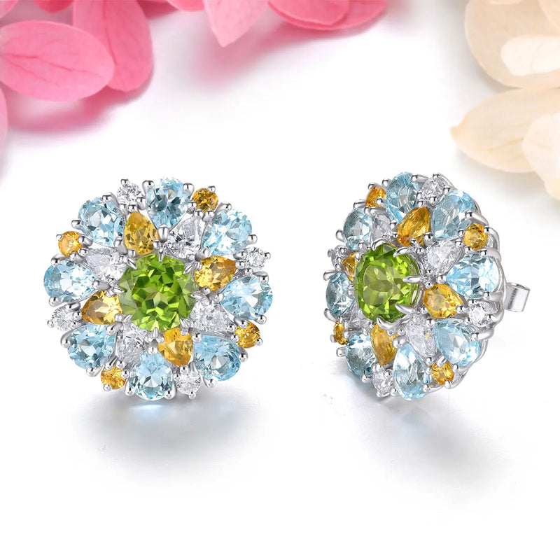 Sterling Silver Natural Peridot Citrine Blue Topaz Stud Earrings 10 ctw for Women