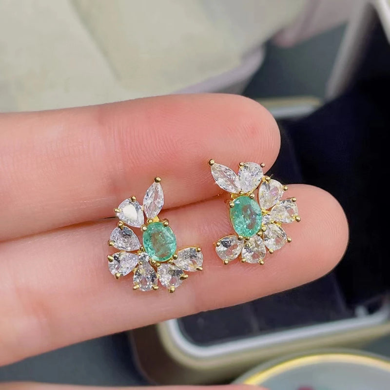 925 Sterling Silver Colombian Emerald Flower Stud Earrings for Women