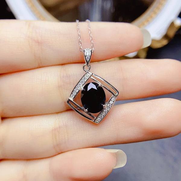 S925 Sterling Silver Inlay 8*10 Natural Black Spinel Pendant Necklace Charm for Women