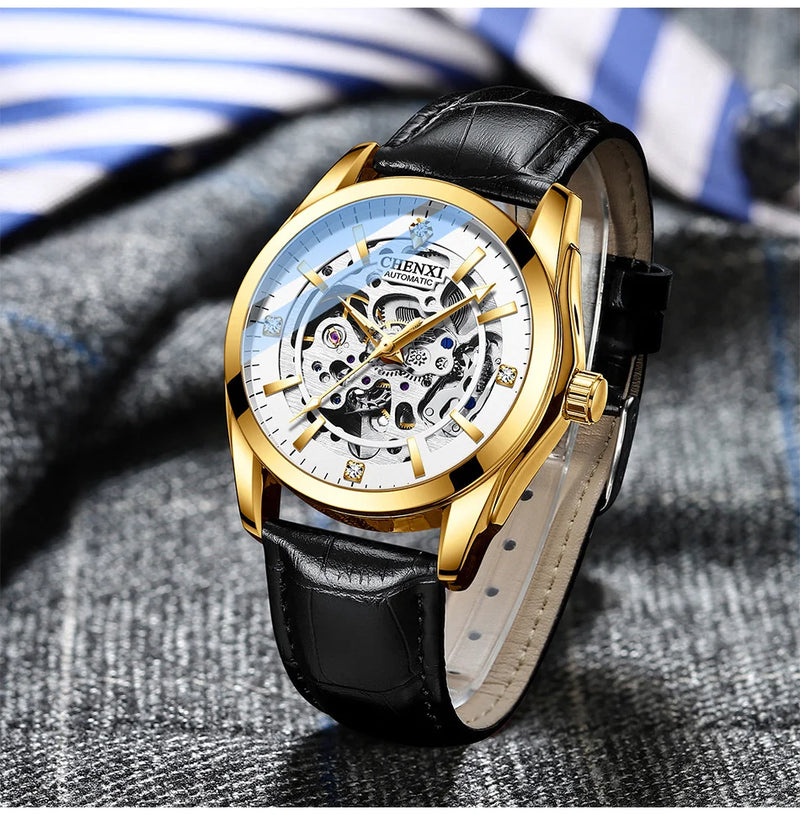 Stainless Steel Leather Strap Automatic Skeleton Luminous Waterproof Watch for Men