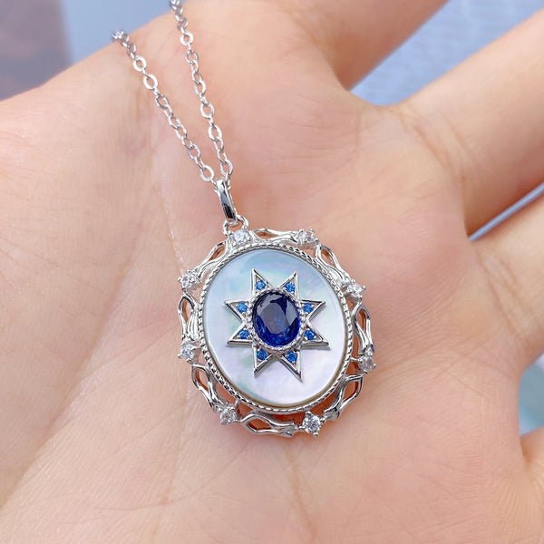 Sterling Silver Natural Sapphire Round Pendant Necklace for Women