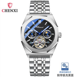 Stainless Steel Sun Moon and Stars Luminous Mechanical Watch for Men