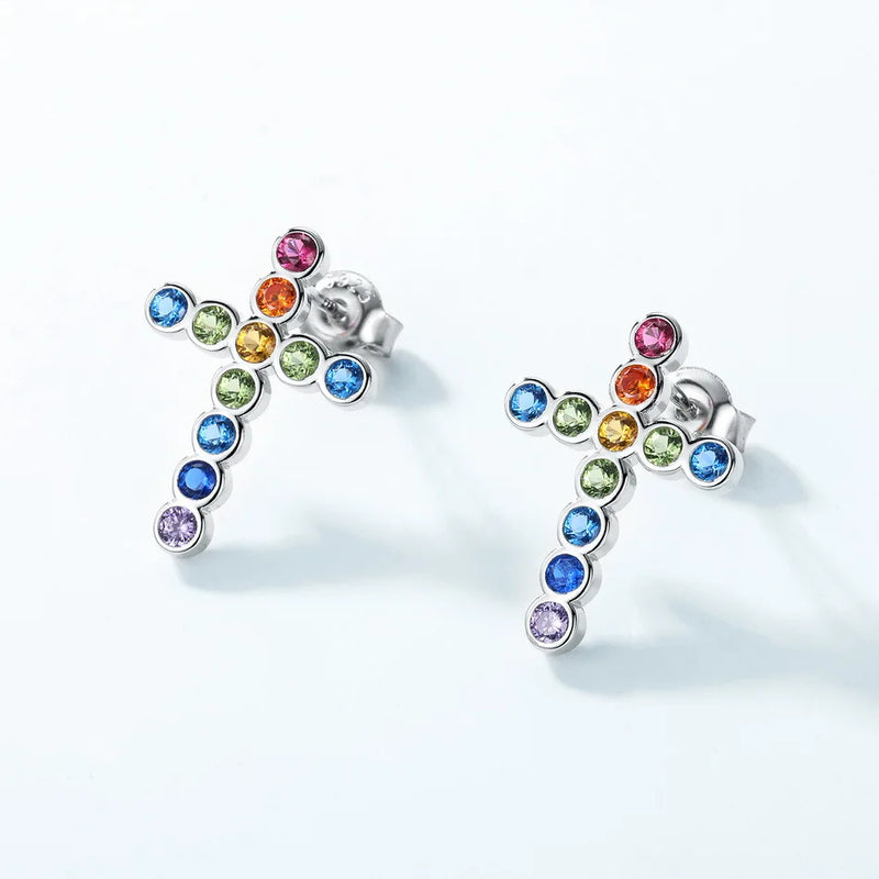 Sterling Silver 2.2mm Zircon Rainbow Cross Stud Earrings for Women