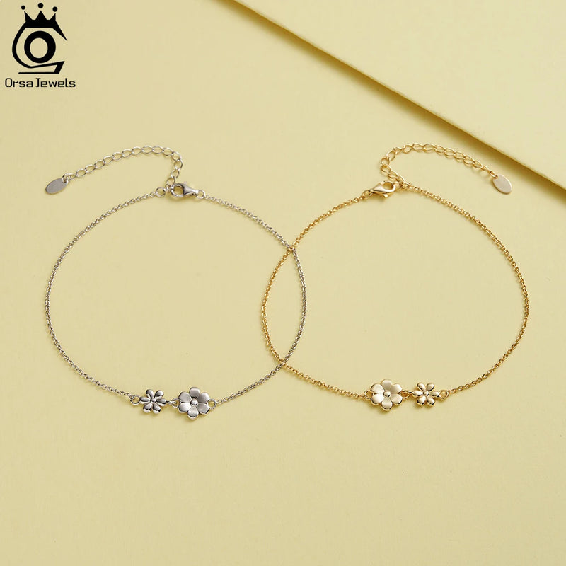 925 Sterling Silver Cable Link Chain Anklet with Double Flower 14K Gold Accents for Women