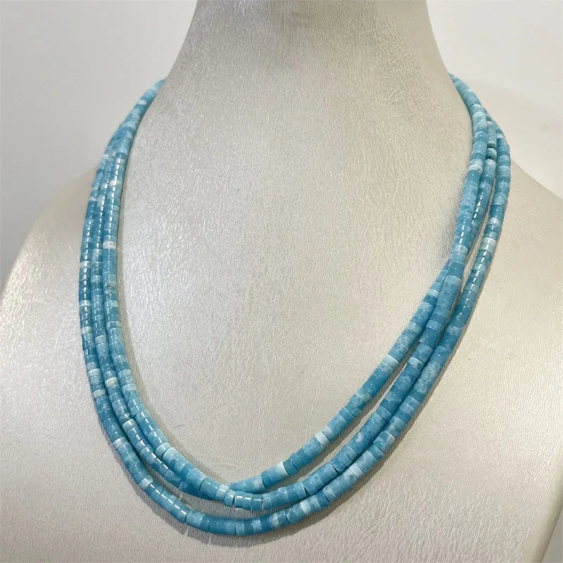 Silver Larimar Necklace, 2 ct, Sea Blue Vein, Multilayer Beaded Chain Choker for Women