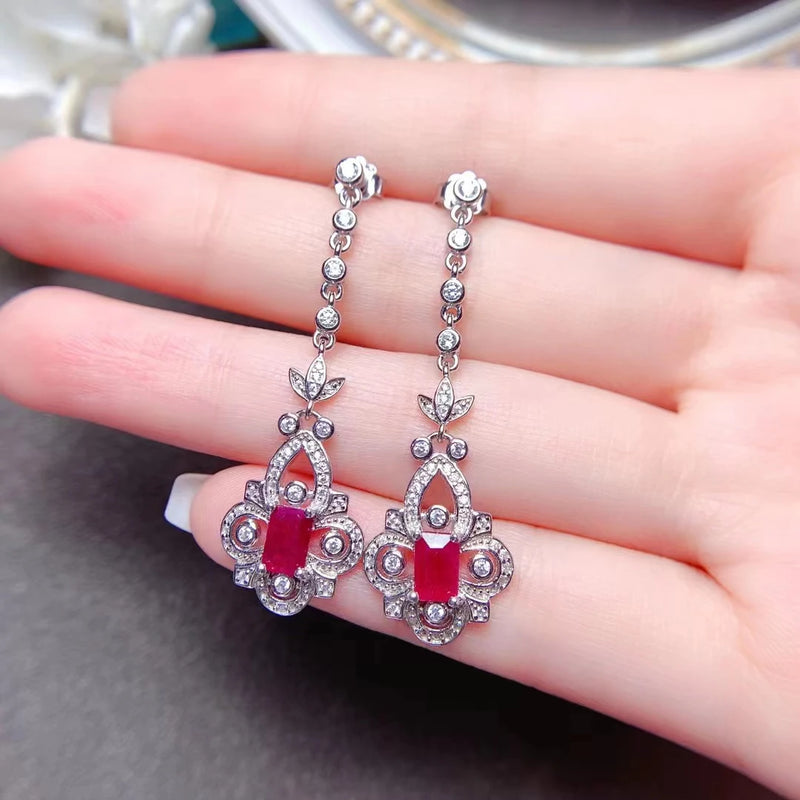 925 Silver Ruby Drop Earrings for Women