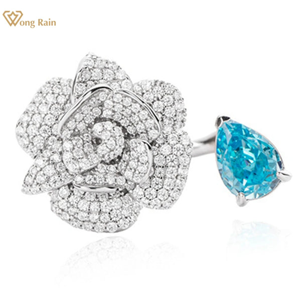Wong Rain Romantic 925 Sterling Silver Pear Aquamarine High Carbon Diamond Gemstone Flower Open Ring For Women Fine Jewelry Gift
