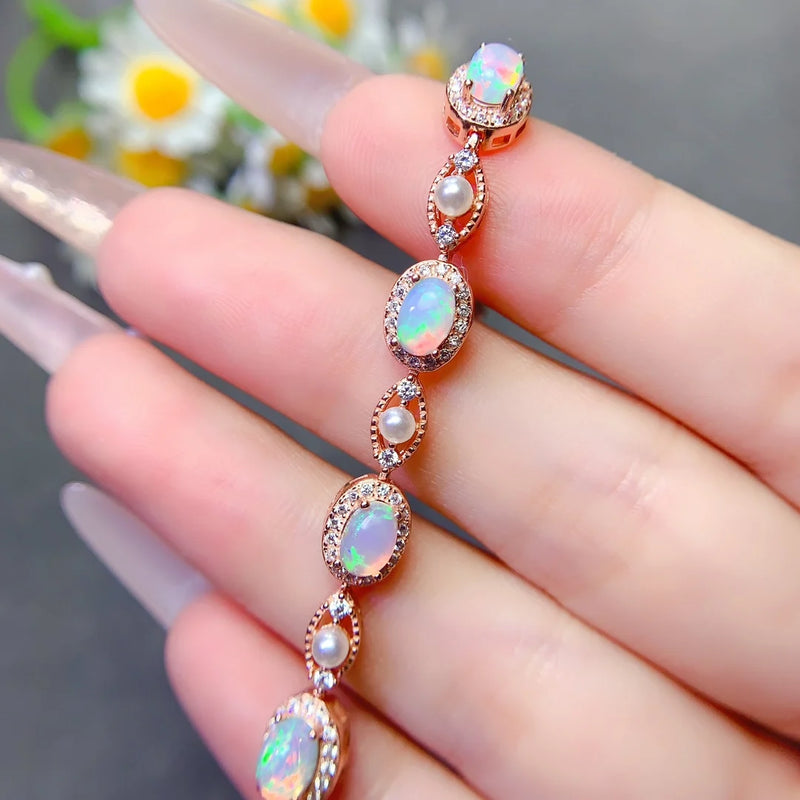 S925 Silver Natural Opal Bracelet, Simple Retro, for Women