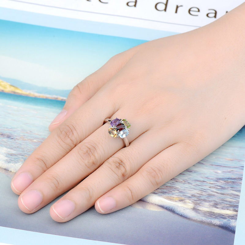 Solid Silver 925 Amethyst Garnet Topaz Rings 2.2 ctw for Women