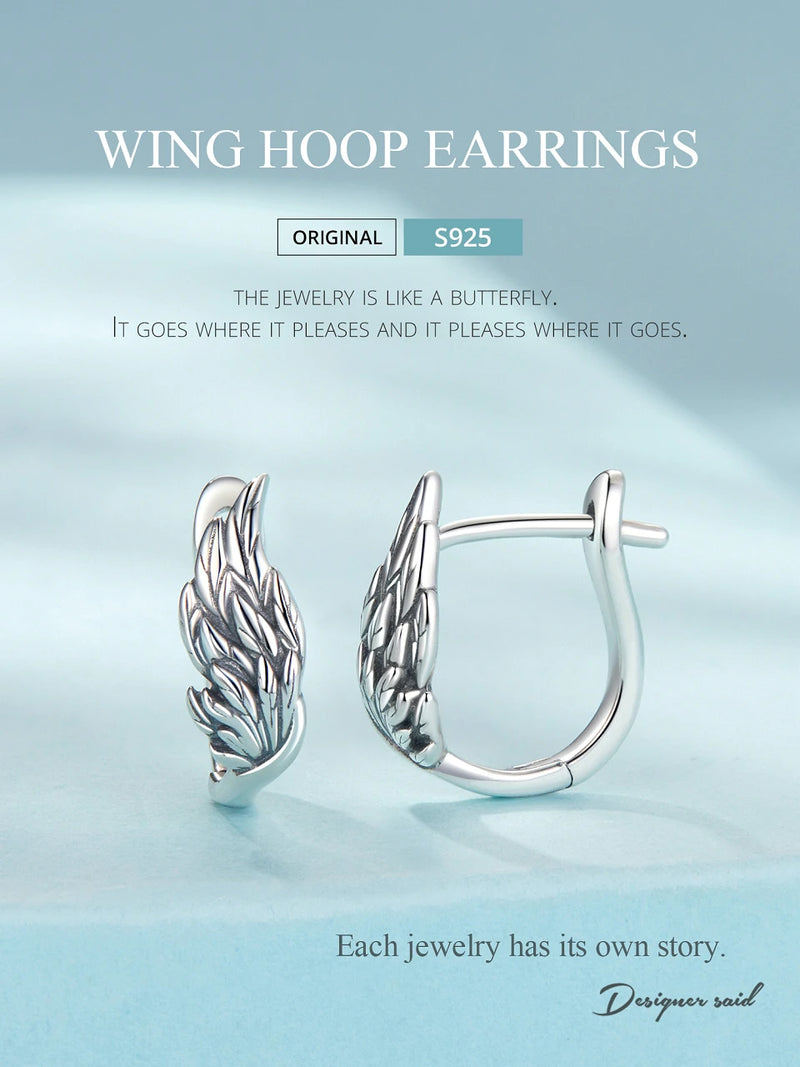 925 Sterling Silver Angel Wing Hoop Earrings for Women