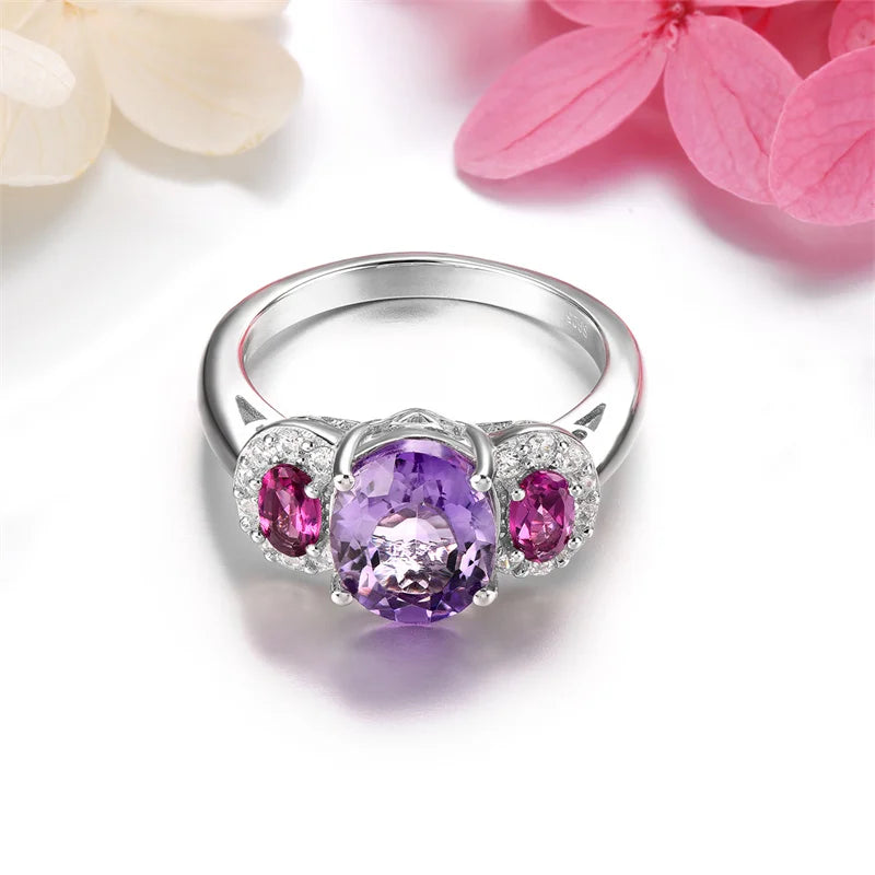 Sterling Silver Amethyst Rhodolite Garnet Rings, 3.20 ctw for Women