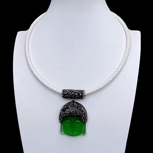 Y.YING 36x48mm Green Quartz Carved Buddha Head Pendant White Leather Choker Necklace