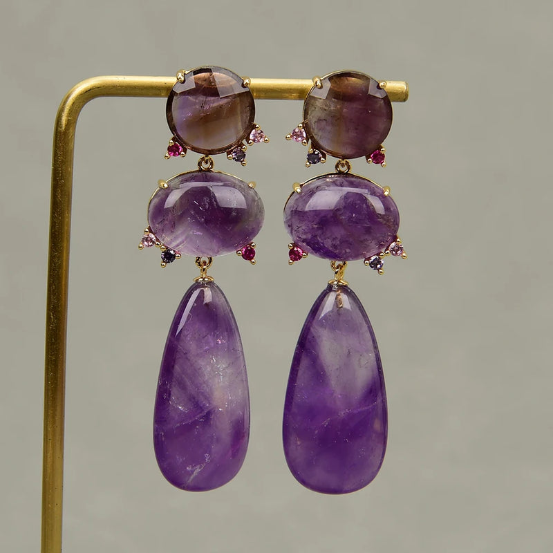 Gold Plated Purple Amethyst Quartz CZ Teardrop Earrings for Women