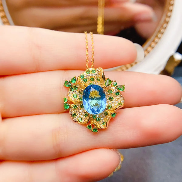 S925 Sterling Silver 8*10 Natural Topaz Flower Pendant Necklace for Women