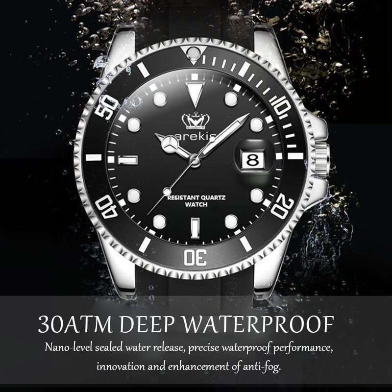 Silicone Strap Green Dial Diver Watch, Waterproof Date Quartz, Men